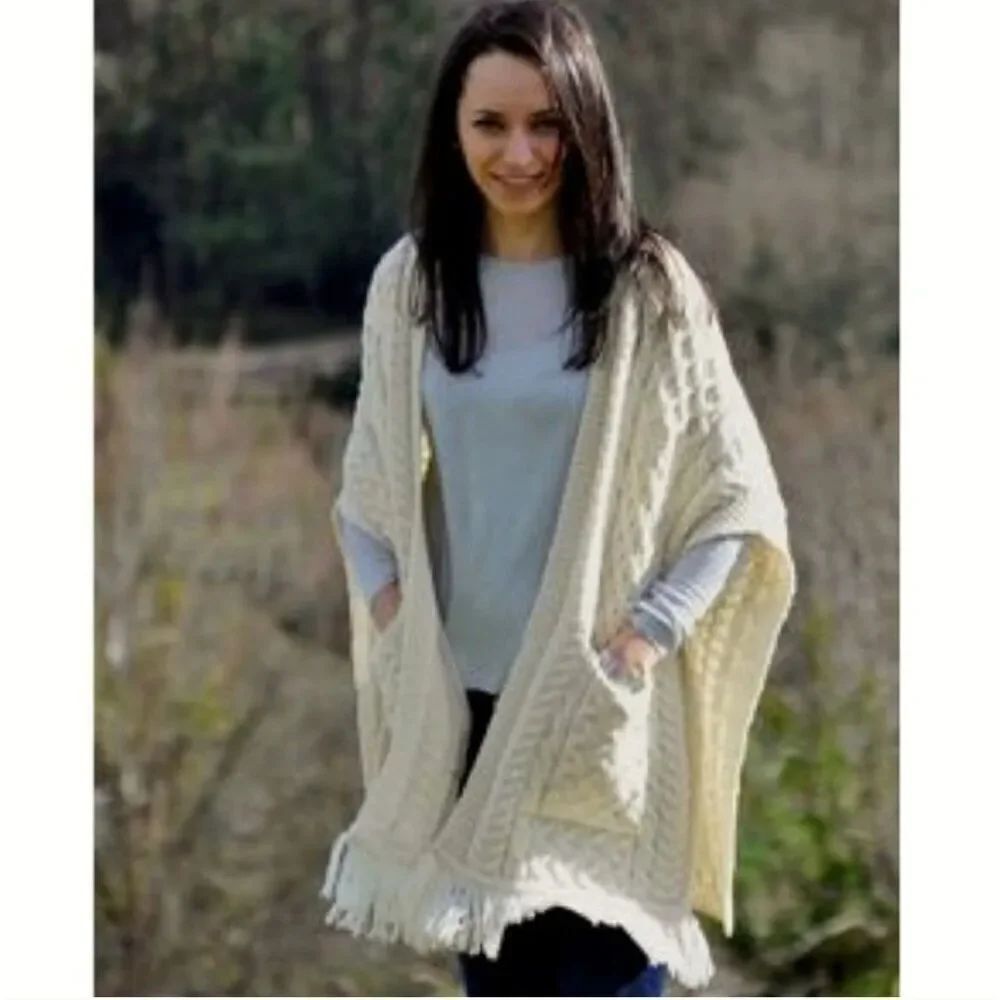 Inis Crafts Merino Wool Cream Aran Scarf Poncho With Fringe